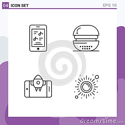 Stock Vector Icon Pack of 4 Line Signs and Symbols for movie, app, phone, drinks, rocket Vector Illustration