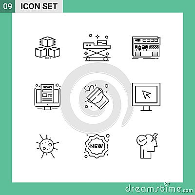 Stock Vector Icon Pack of 9 Line Signs and Symbols for screen, monitor, stretcher, computer, rackmount Vector Illustration