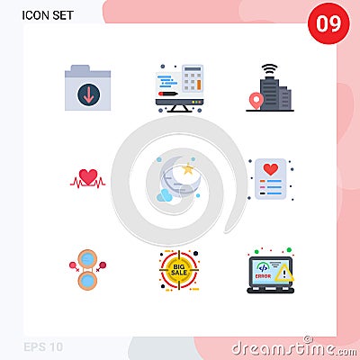 9 Universal Flat Color Signs Symbols of shopping, new moon, wifi, moon, heart Vector Illustration