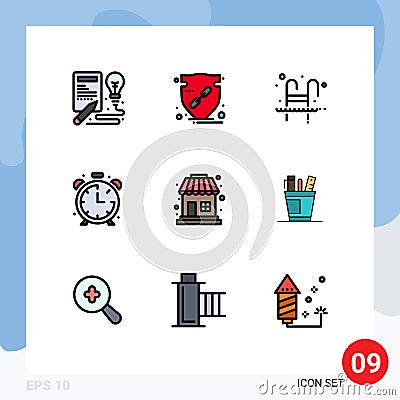 Stock Vector Icon Pack of 9 Line Signs and Symbols for timer, clock, shield, alarm, swimming Vector Illustration