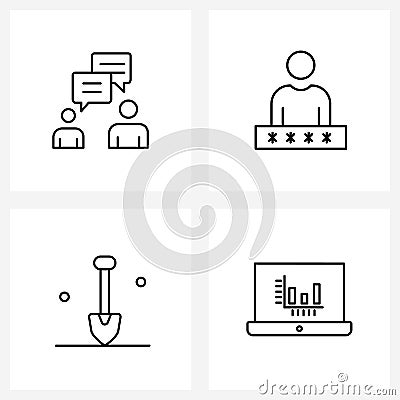 Stock Vector Icon Set of 4 Line Symbols for chat, bury, discussion, login, shovel Vector Illustration