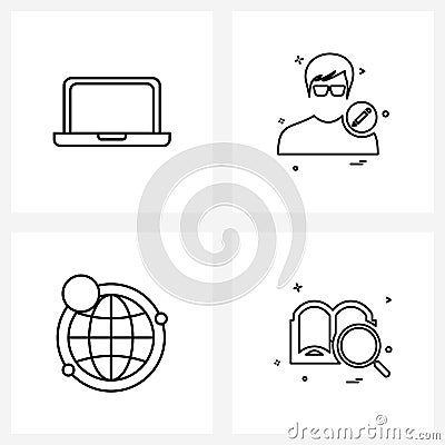 Stock Vector Icon Set of 4 Line Symbols for laptop, globe, devices, profile, internet Vector Illustration