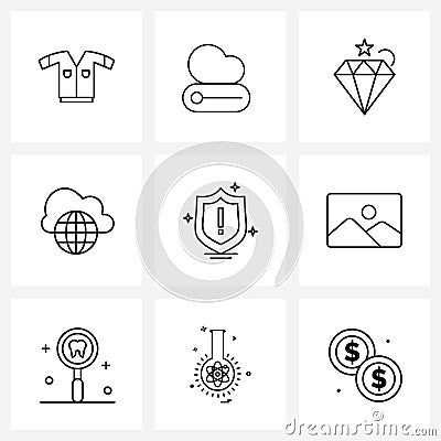 Stock Vector Icon Set of 9 Line Symbols for protected, shield, diamond, server, computing Vector Illustration