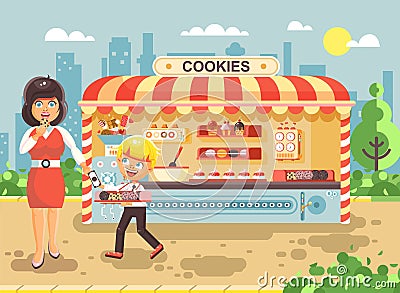 Vector illustration cartoon characters child pupil schoolboy seller boy sales to woman muffin, cupcake, cake, sweet Vector Illustration