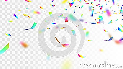 Stock vector illustration defocusing brilliant, shiny Iridescent rainbow confetti isolated on transparent checkered background. Vector Illustration