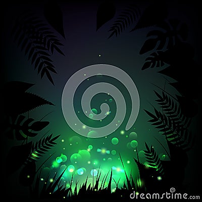 Stock vector illustration fireflies night tropical background. Lights, leaves, grass. EPS 10 Vector Illustration