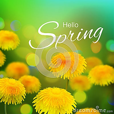 Stock vector illustration Hello, Hi Spring. Realistic dandelion, taraxacum, blurred defocused background. Macro flowers. Green Vector Illustration