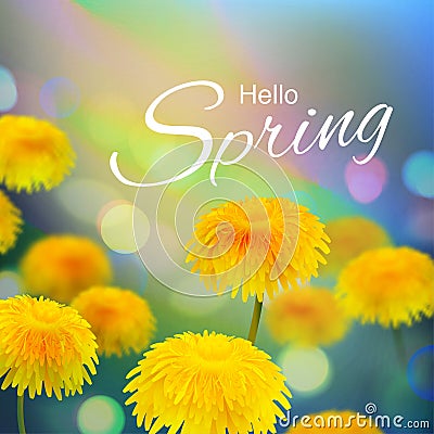 Stock vector illustration Hello, Hi Spring. Realistic dandelion, taraxacum, blurred defocused background. Macro flowers. Green Vector Illustration