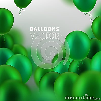 Stock vector illustration party flying green realistic balloons. Defocused macro effect. Templates for placards, banners, flyers, Vector Illustration