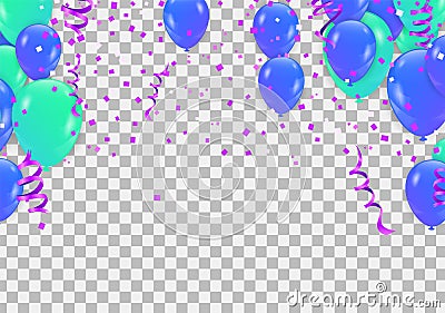 Stock vector illustration party flying purple and various colors realistic balloons. Defocused macro effect. Templates for Vector Illustration