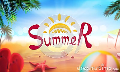 Stock vector illustration realistic beach. Summer and sun, sea. Set, ball, starfish, shell, palm tree, beach slippers. Art for Vector Illustration