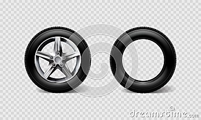 Stock vector illustration realistic car wheels set tyre bus, truck isolated on transparent checkered background. EPS10 Vector Illustration