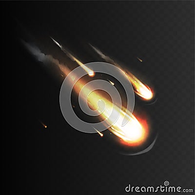 Stock vector illustration realistic meteorite, comet, asteroid, meteor, planetoid Isolated on a transparent checkered background. Vector Illustration