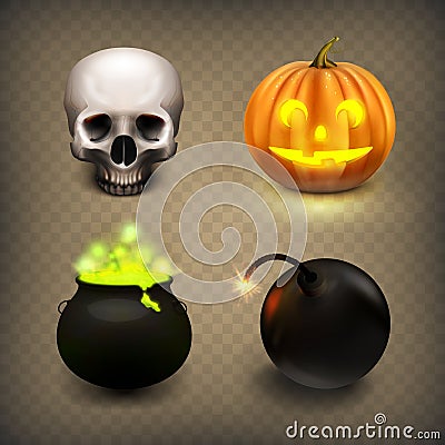 Stock vector illustration realistic skull, jack-o-lantern, witches cauldron, bomb. Halloween set isolated on a transparent Vector Illustration