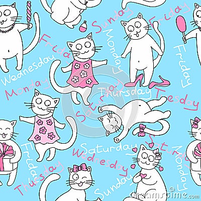 Stock Vector Illustration: seamless kittens. week. Vector Illustration