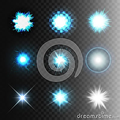 Stock vector illustration set ball lightning a transparent background. Abstract plasma sphere. Electric discharge, stars, flash, Vector Illustration