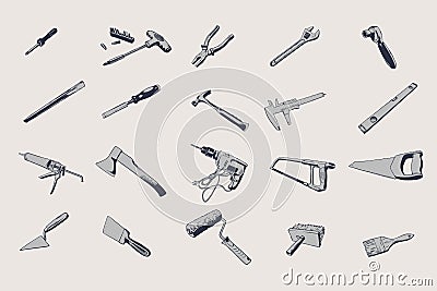 Stock vector illustration set isolated icons building tools repair, construction buildings. Adjustable wrench, ax, bit screwdriver Vector Illustration