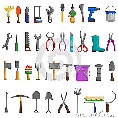 Stock vector illustration set isolated icons building tools repair, construction buildings, drill, hammer, screwdriver, saw, file, Vector Illustration