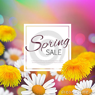 Stock vector illustration Spring sale. Realistic dandelion, taraxacum, blurred defocused background. Macro chamomile bokeh. Vector Illustration