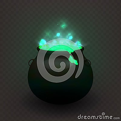 Stock vector illustration witches cauldron isolated on a transparent background. Brewed potion, decoction. Glowing fluid EPS10 Vector Illustration