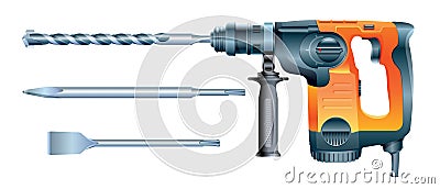 Rotary hammer drill machine and hammer drill bits Vector Illustration