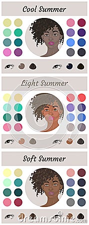 Stock vector seasonal color analysis palettes for summer type of female appearance. Best colors for cool, soft and light summer. Vector Illustration