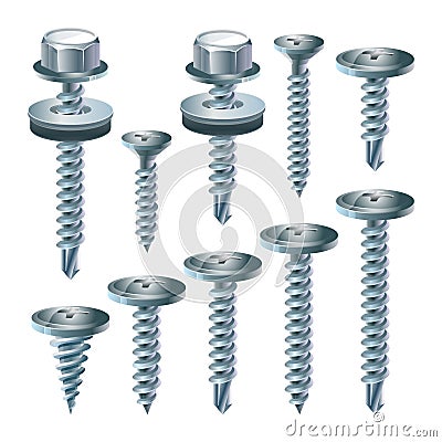 Set of chrome plated screws Vector Illustration