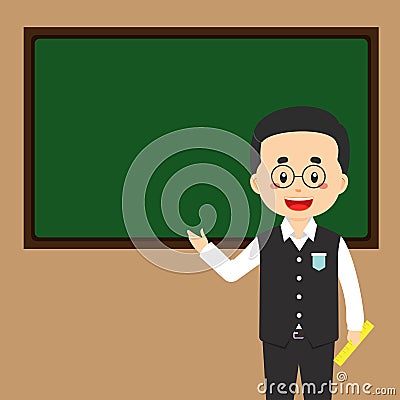 Stock Vector Teacher Standing Front Chalkboard Vector Illustration