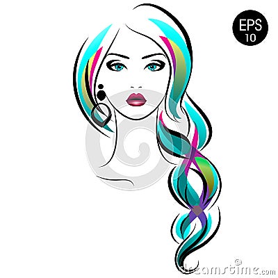 Stock Woman with braid. Beauty Girl Portrait with Colorful hair and Earrings Vector Illustration