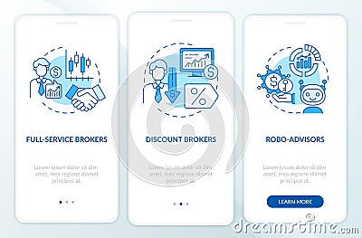 Stockbroker types onboarding mobile app page screen with concepts Vector Illustration