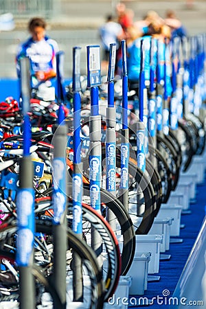 STOCKHOLM - AUG, 24: Start and finishing area with bikes on a row at the royal castle, Womans ITU World Triathlon Series event Au Editorial Stock Photo