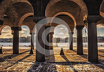 Stockholm city hall columns and shadows Stock Photo