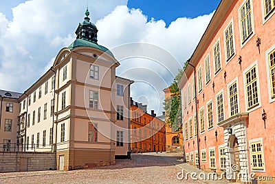 Stockholm city narrow street Sweden architecture old building house town travel urban Scandinavia scandinavian swedish view shot Stock Photo