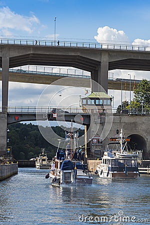 Stockholm: Motorboats pass through a lock Editorial Stock Photo