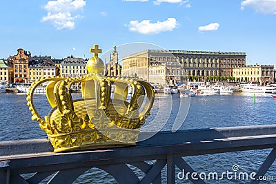 Stockholm old town Gamla Stan cityscape and Royal crown, Sweden Stock Photo