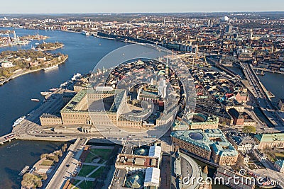 Stockholm Old Town and Royal Palace in Background. It is located in Gamla Stan Island in Stockholm, Sweden. Drone Point of View Editorial Stock Photo