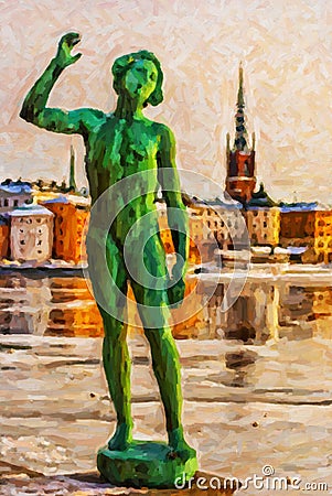 Stockholm Statue Digital Painting Stock Photo