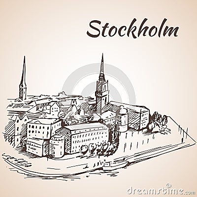 Stockholm, Sweden - city view. Hand drawn ink line pen. Vector Illustration