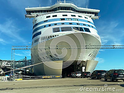 Front view of many cars entering the bow of the Tallink Silja Line cruise ship ferry moored in the port of Vartahamnen, Stockholm. Editorial Stock Photo