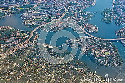 Aerial over Stockholm Essingeleden Traneberg bridge Stock Photo