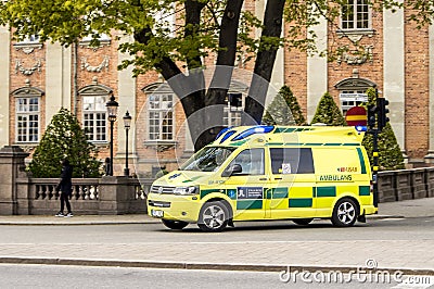 Stockholm, Stockholm/ Sweden-04MAY2019: Ambulance emergency bus drive to a call. Editorial Stock Photo