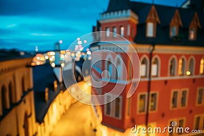 Stockholm, Sweden. Night View Of Traditional Stockholm Street. Residential Area, Cozy Street In Downtown. Night Abstract Stock Photo