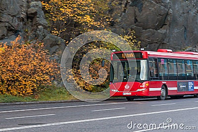 STOCKHOLM, SWEDEN - OCTOBER 26: the passenger bus goes down the street the cities, SWEDEN - OCTOBER 26 2016. Editorial Stock Photo