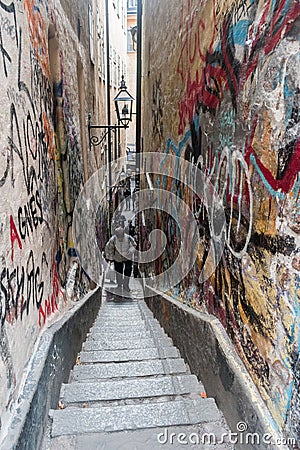 Marten Trotzigs Grand alley. Marten Trotzigs Grand is the narrowest street in the city, 90 cm wide Editorial Stock Photo