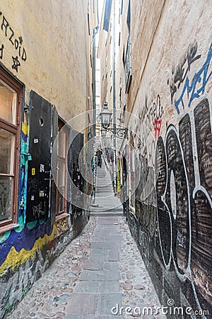 View on Marten Trotzigs Grand alley. Marten Trotzigs Grand is the narrowest street in the city, 90 cm wide Editorial Stock Photo