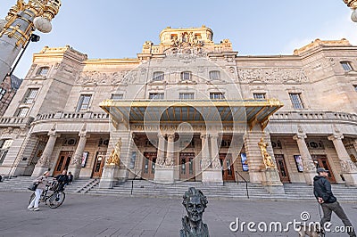 27.09.21 Stockholm Sweden Sunset facade view of kungliga historical art theater building Royal Dramatic golden ornament Editorial Stock Photo