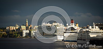 22.09.2021 Stockholm, Sweden. View of the three cruise ships docking in the Viking cruise port Editorial Stock Photo