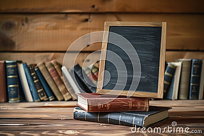 StockImage Back to school concept small chalkboard and a stack of books Stock Photo