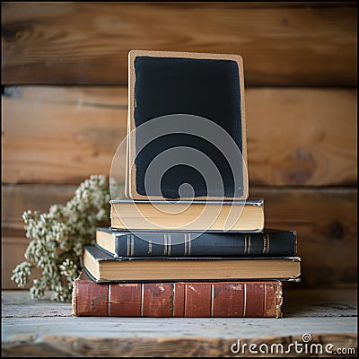 StockImage Back to school concept small chalkboard and a stack of books Stock Photo