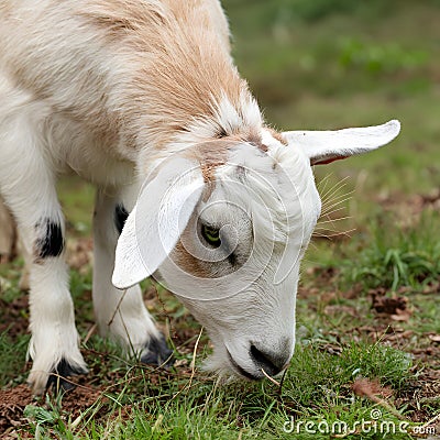 StockImage Close up portrait captures cute goat grazing outdoors Stock Photo